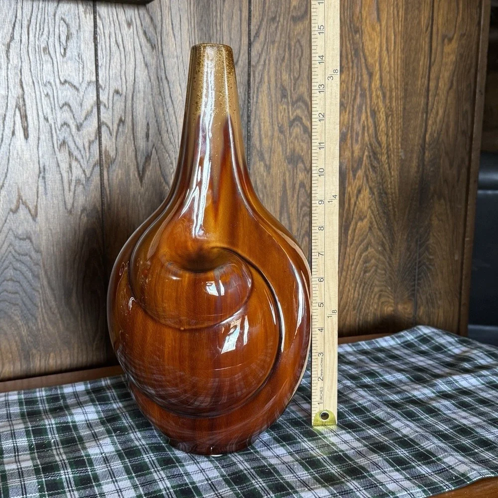 Large Sculptural Pottery Vase Brown Drip Glaze Swirl Abstract Art MCM Style 14